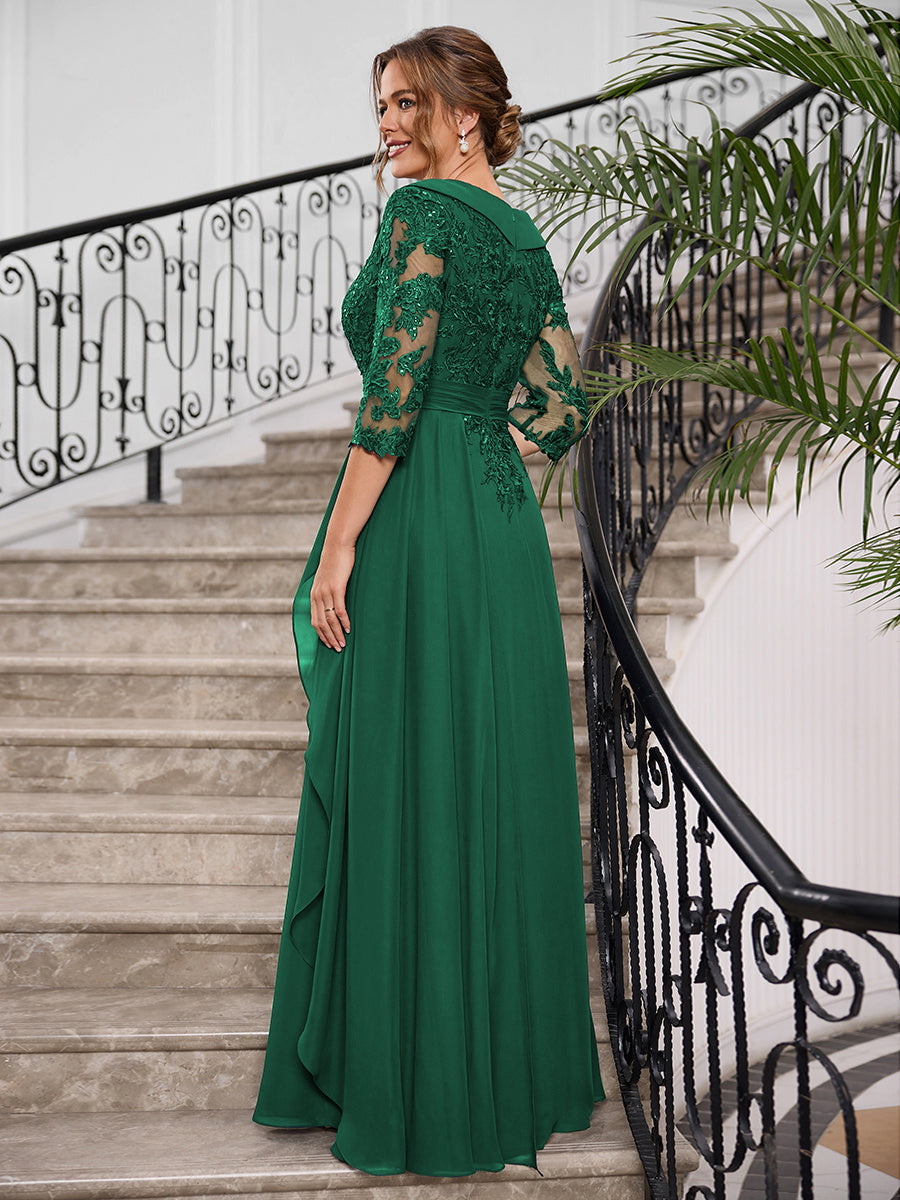 Priscilla Faye Hunter Green back view mother of the bride dress