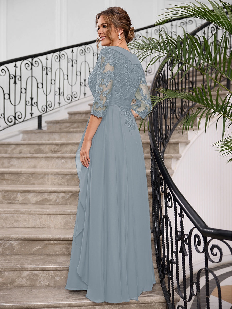 Priscilla Faye Dusty Blue back view mother of the bride dress