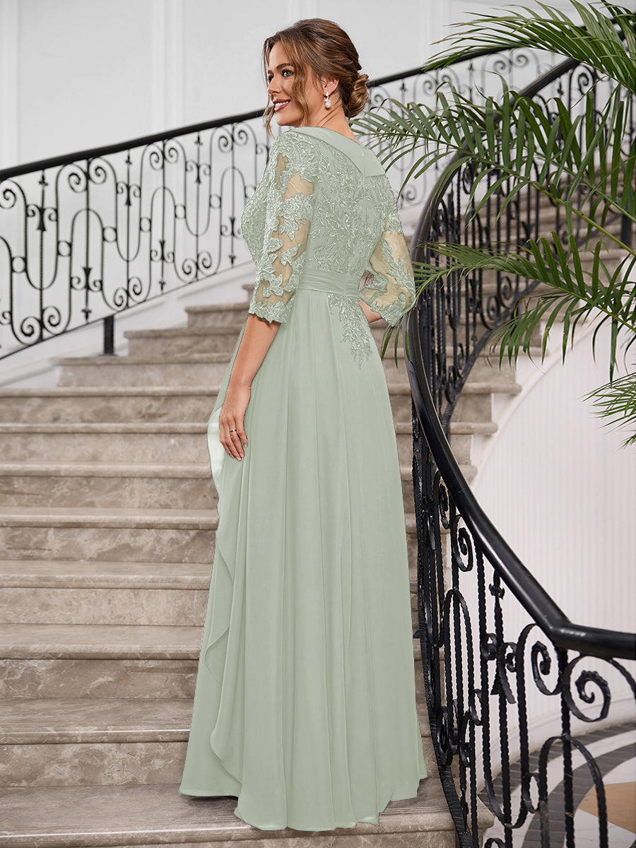 Priscilla Faye Sage Green back view mother of the bride dress