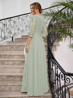 Priscilla Faye Sage Green back view mother of the bride dress