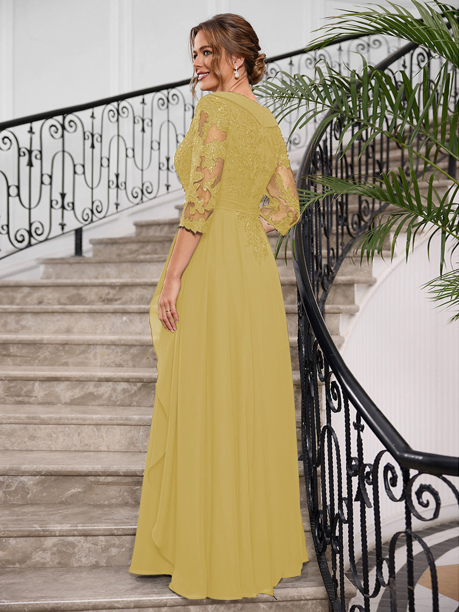 Priscilla Faye Gold back view mother of the bride dress