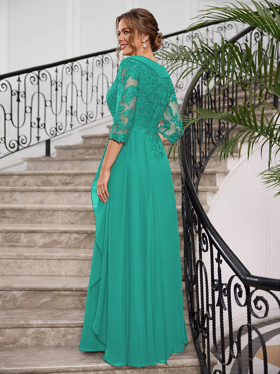 Priscilla Faye Forest Green back view mother of the bride dress
