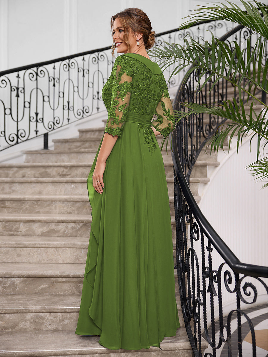 Priscilla Faye Olive Green back view mother of the bride dress