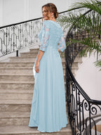 Priscilla Faye Pool Blue back view mother of the bride dress