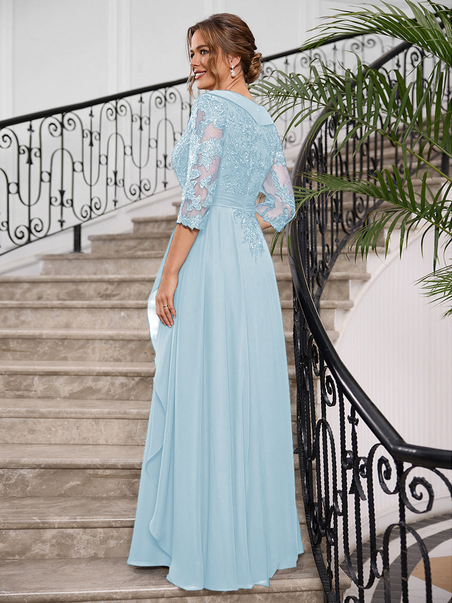 Priscilla Faye Pool Blue back view mother of the bride dress