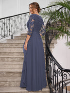 Priscilla Faye Steel Blue hem detail mother of the bride dress