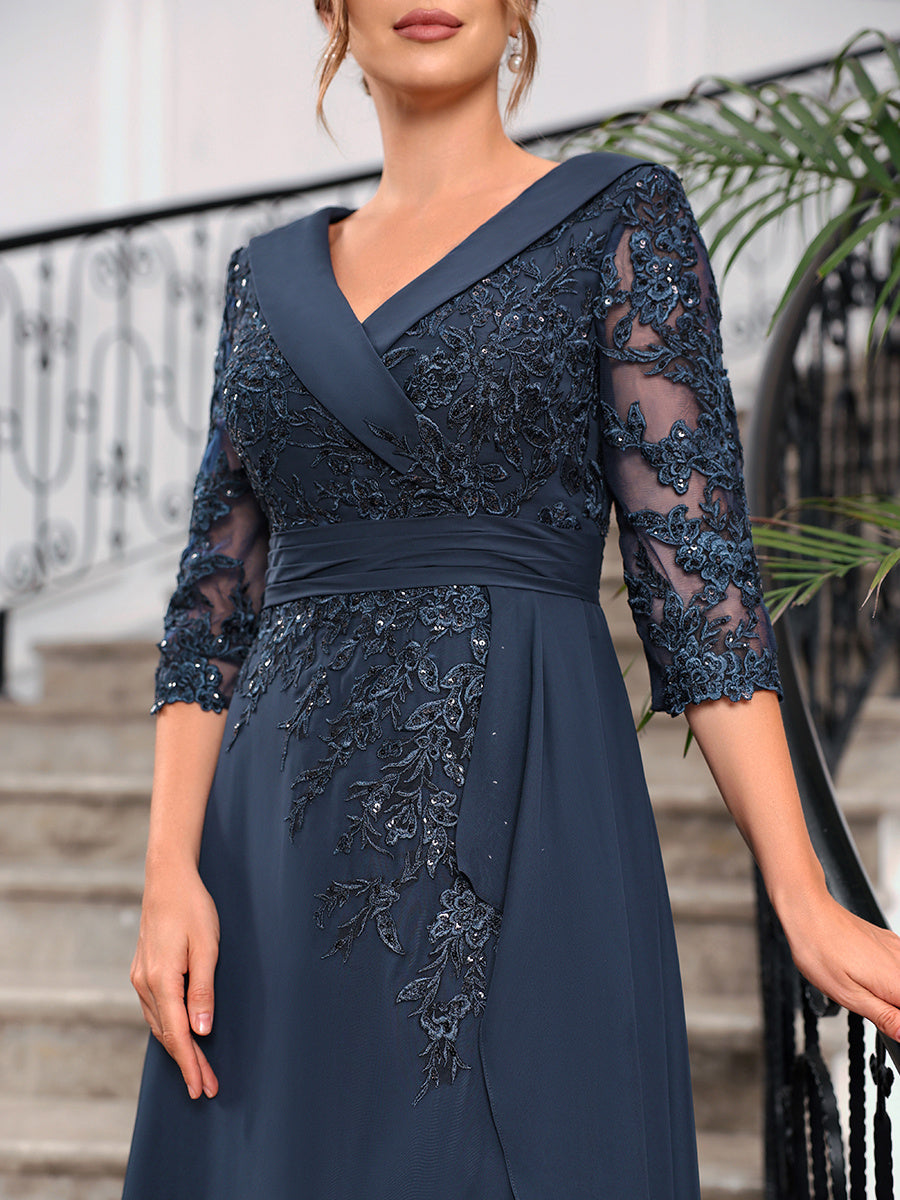 Priscilla Faye Navy Blue fabric detail mother of the bride dress