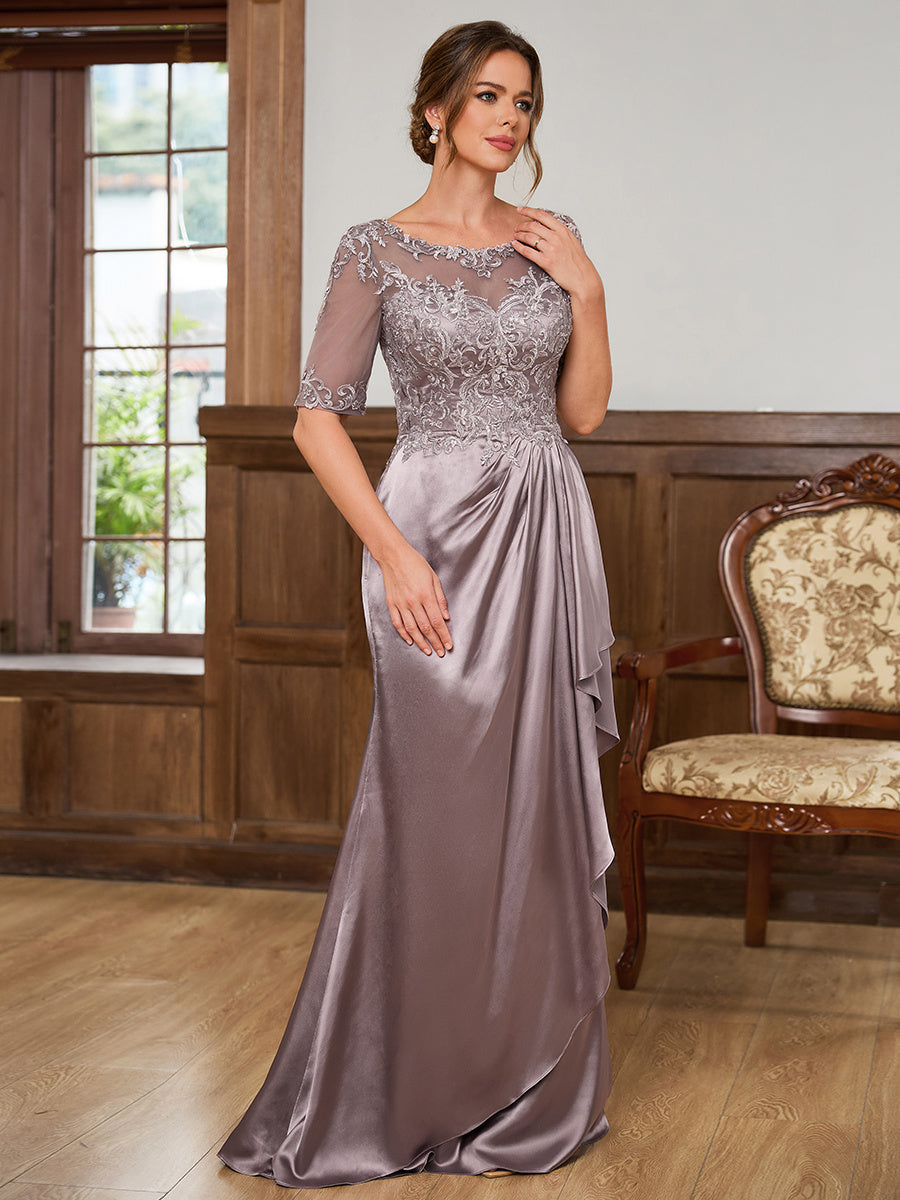 Evelyn Grace Steel Blue front view mother of the bride dress