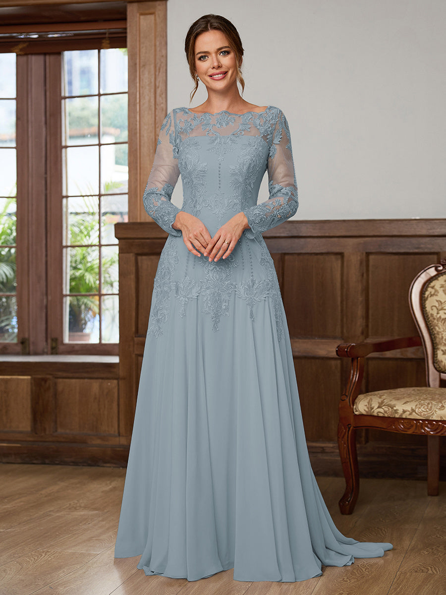 Dorothea Elise Dusty Blue front view mother of the bride dress