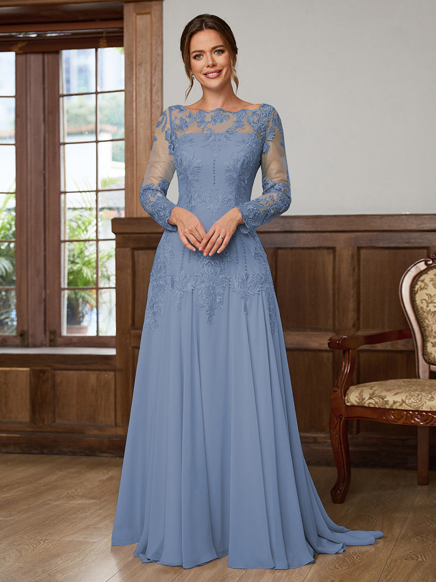 Dorothea Elise Steel Blue front view mother of the bride dress