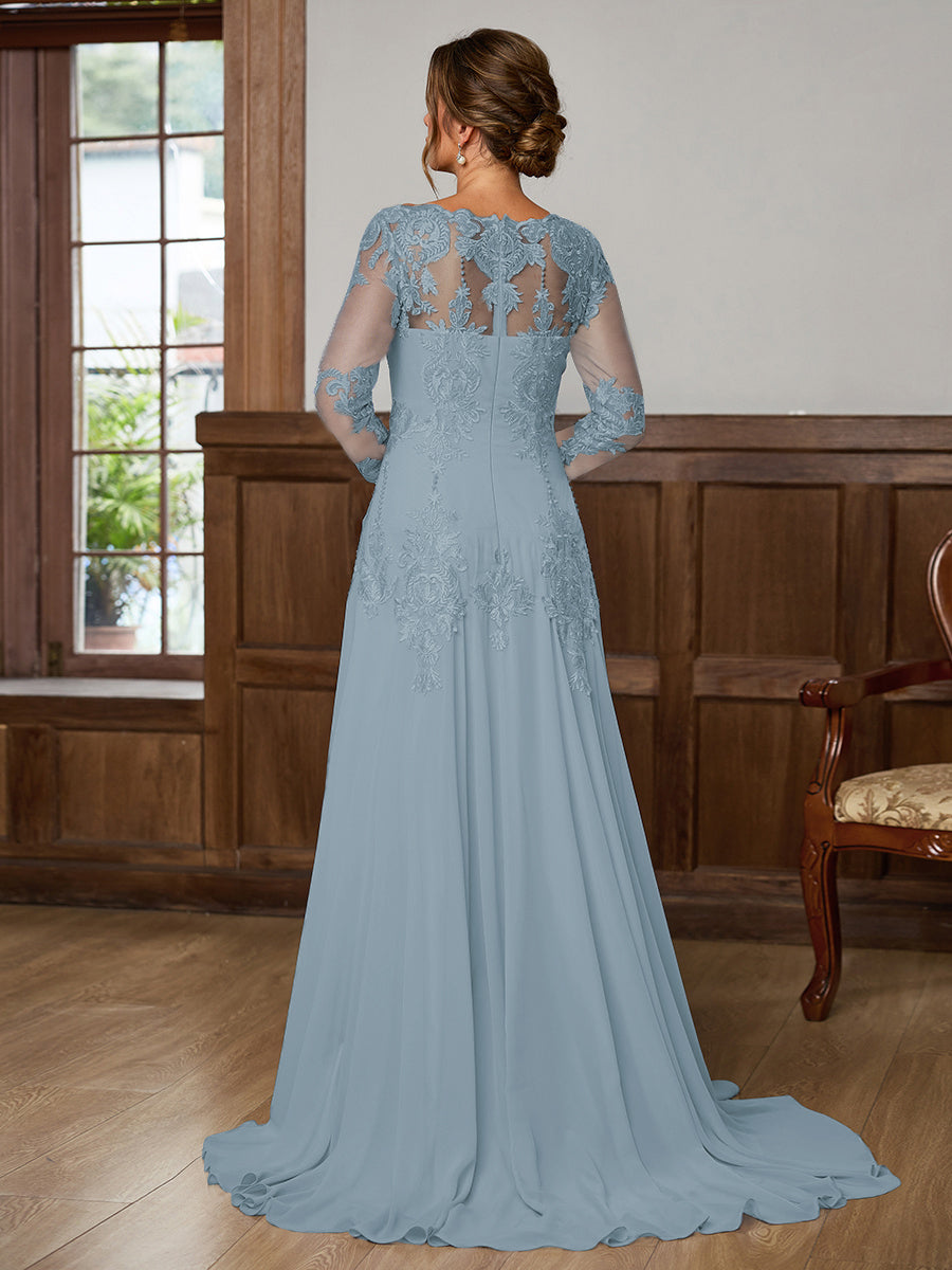 Dorothea Elise Dusty Blue back view mother of the bride dress