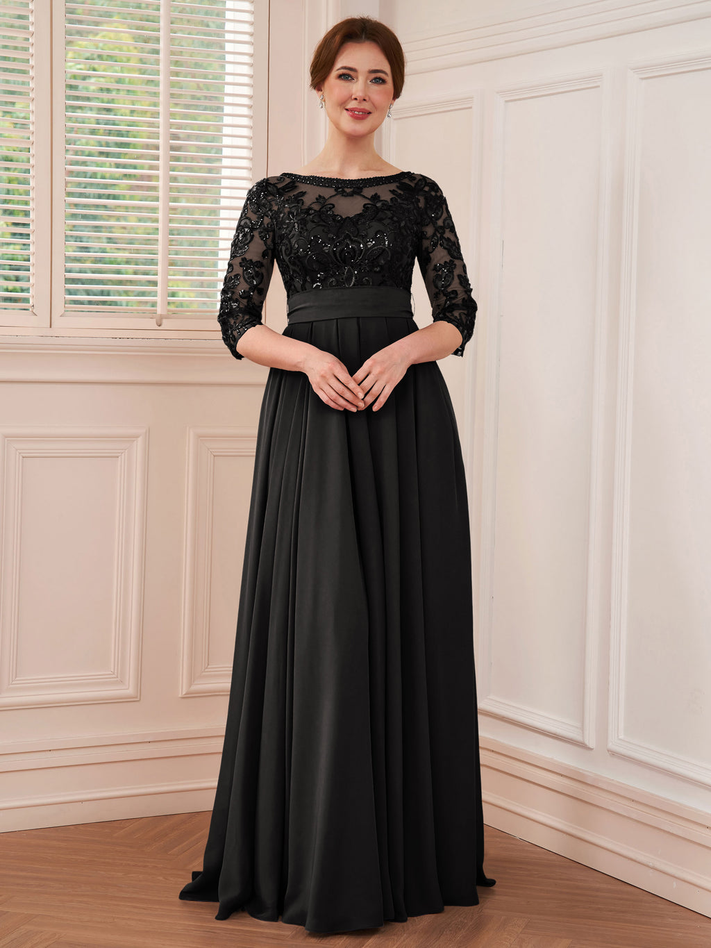 Rebecca Grace Black front view mother of the bride dress