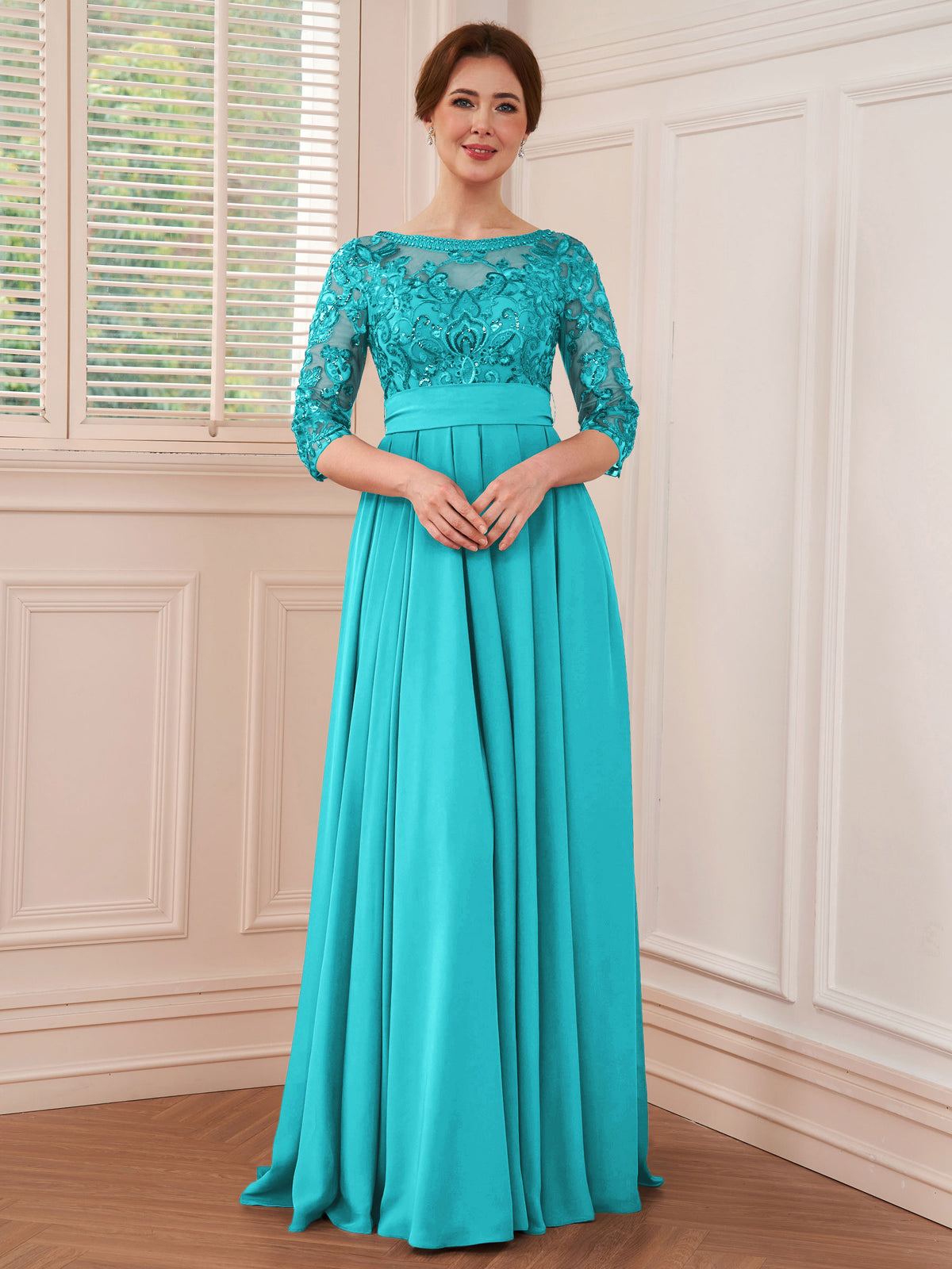 Rebecca Grace Turquoise front view mother of the bride dress