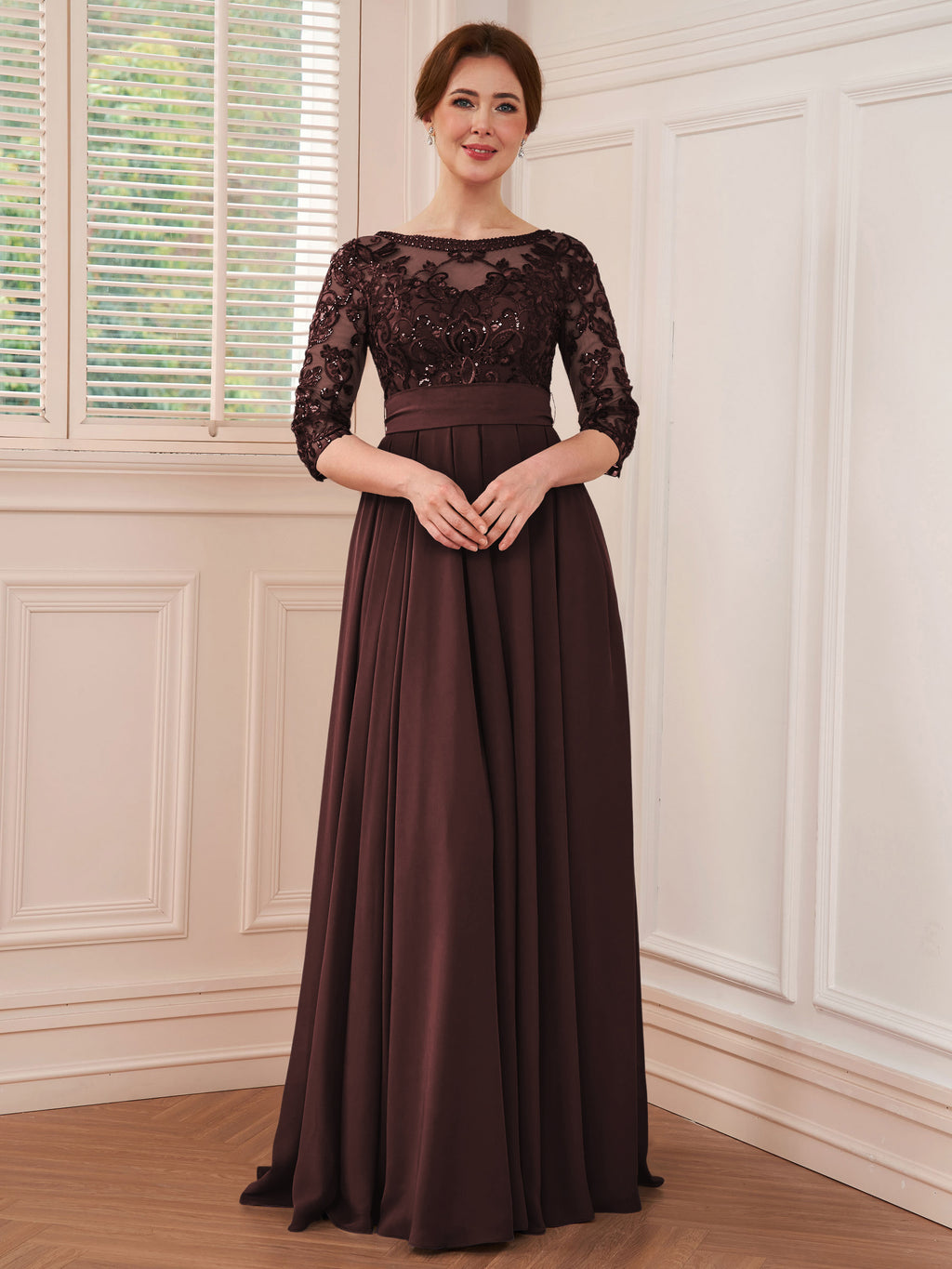 Rebecca Grace Brown front view mother of the bride dress