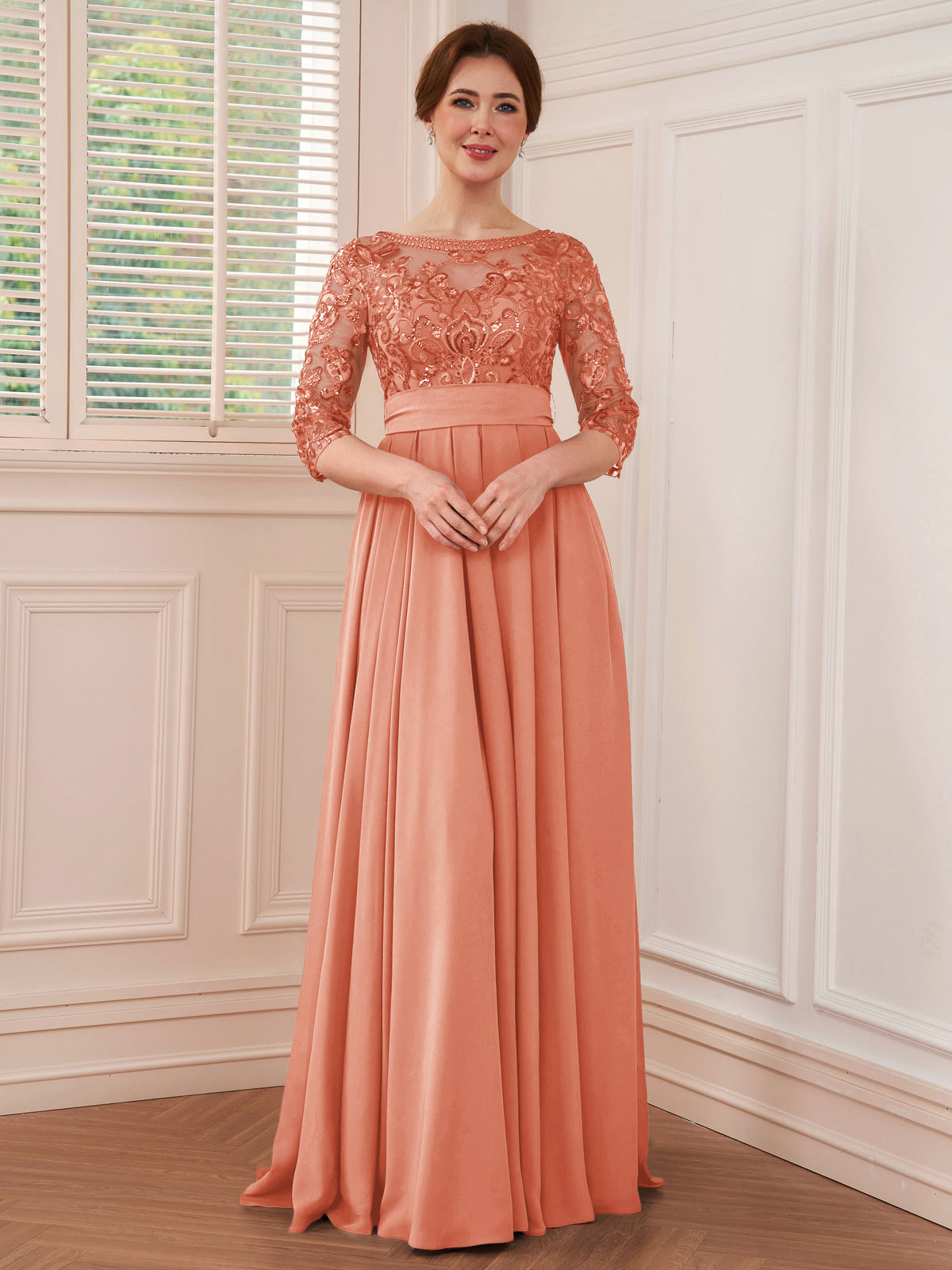 Rebecca Grace Coral back view mother of the bride dress