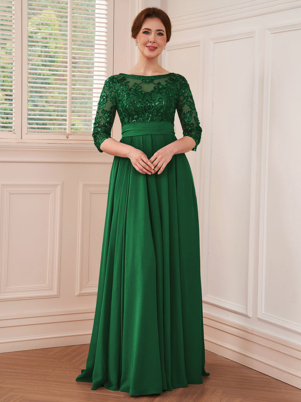 Rebecca Grace Hunter Green front view mother of the bride dress