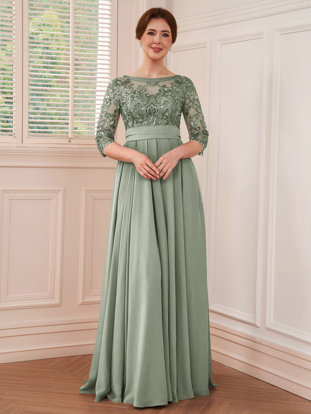 Rebecca Grace Grey front view mother of the bride dress