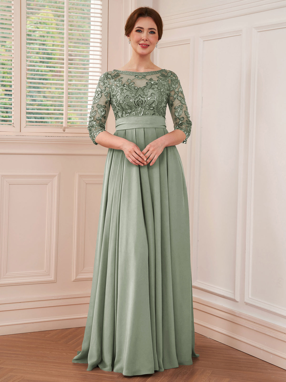 Rebecca Grace Grey front view mother of the bride dress