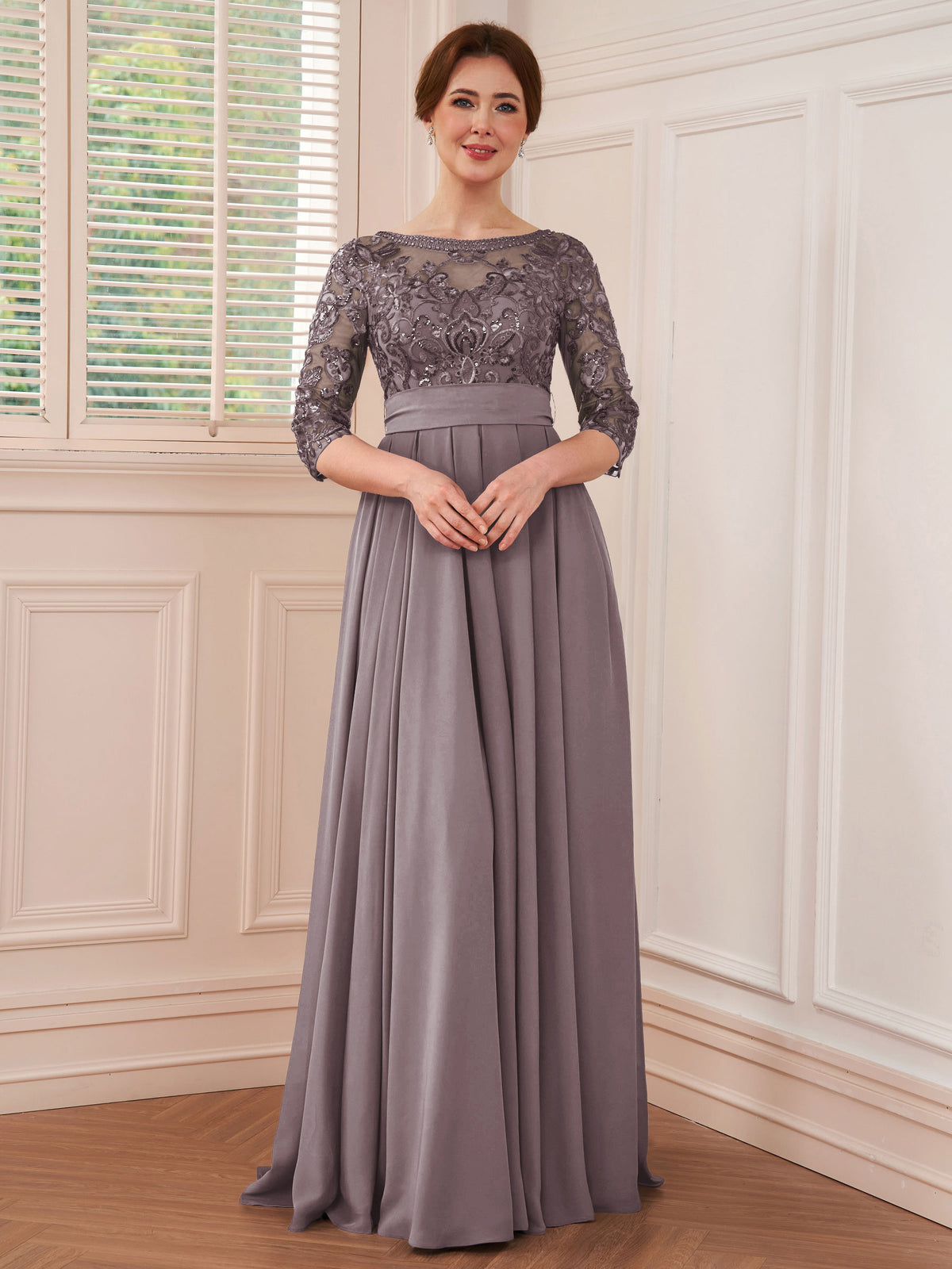 Rebecca Grace Steel Blue side view mother of the bride dress