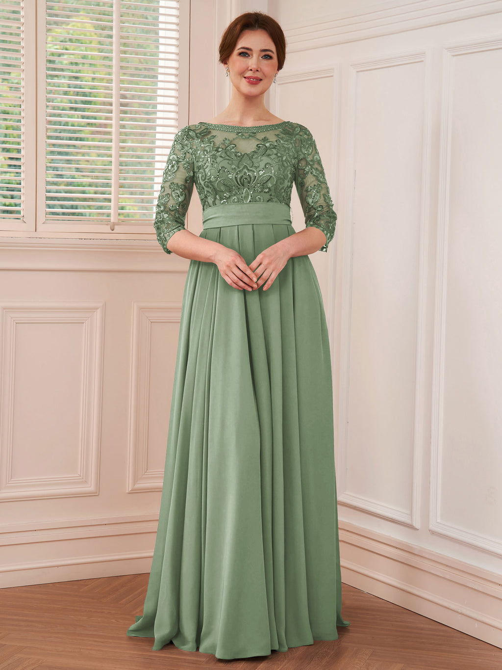 Rebecca Grace Sage Green front view mother of the bride dress