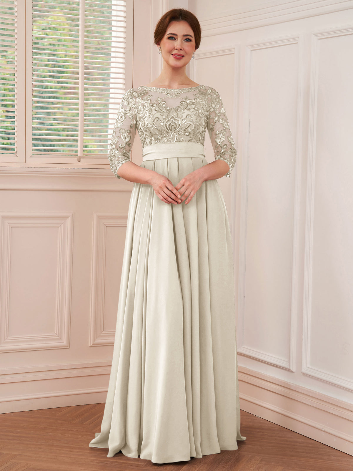 Rebecca Grace Silver back view mother of the bride dress