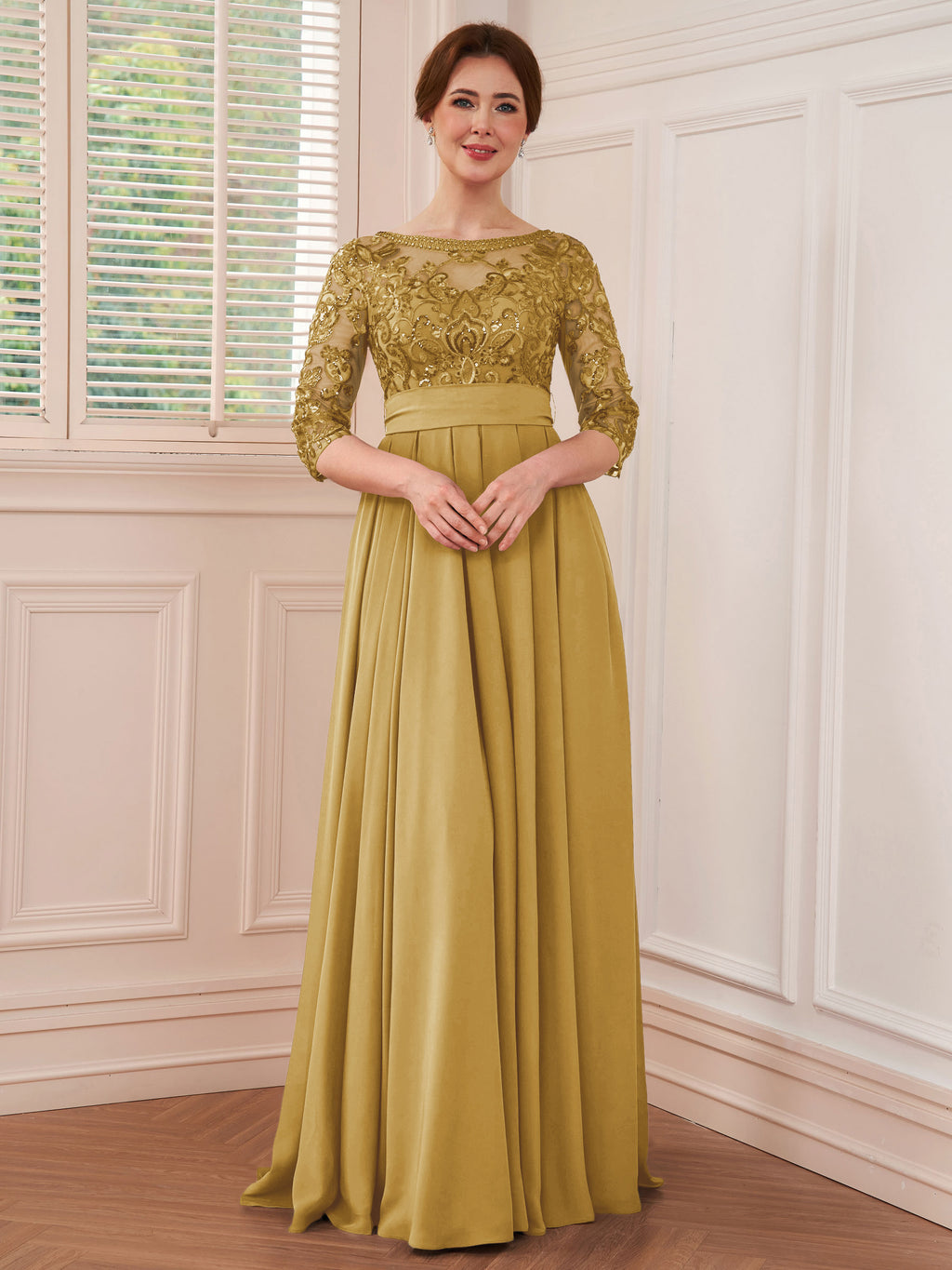 Rebecca Grace Gold back view mother of the bride dress