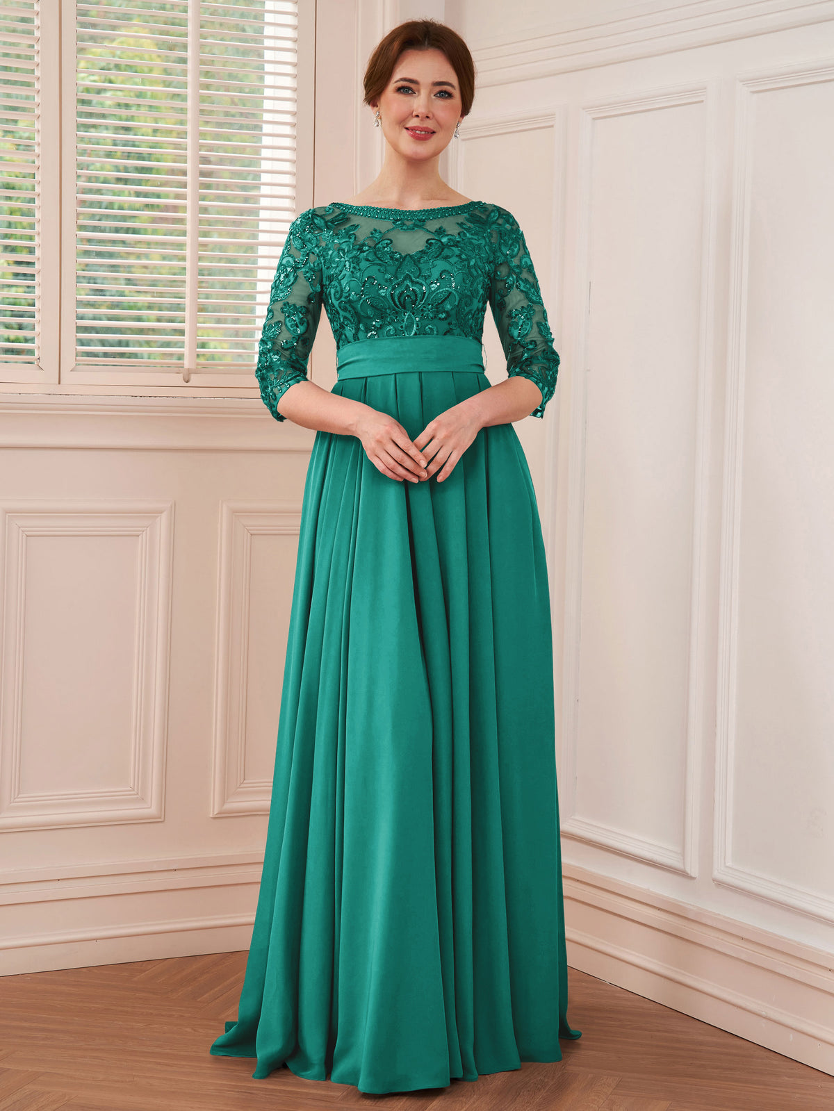 Rebecca Grace Forest Green front view mother of the bride dress