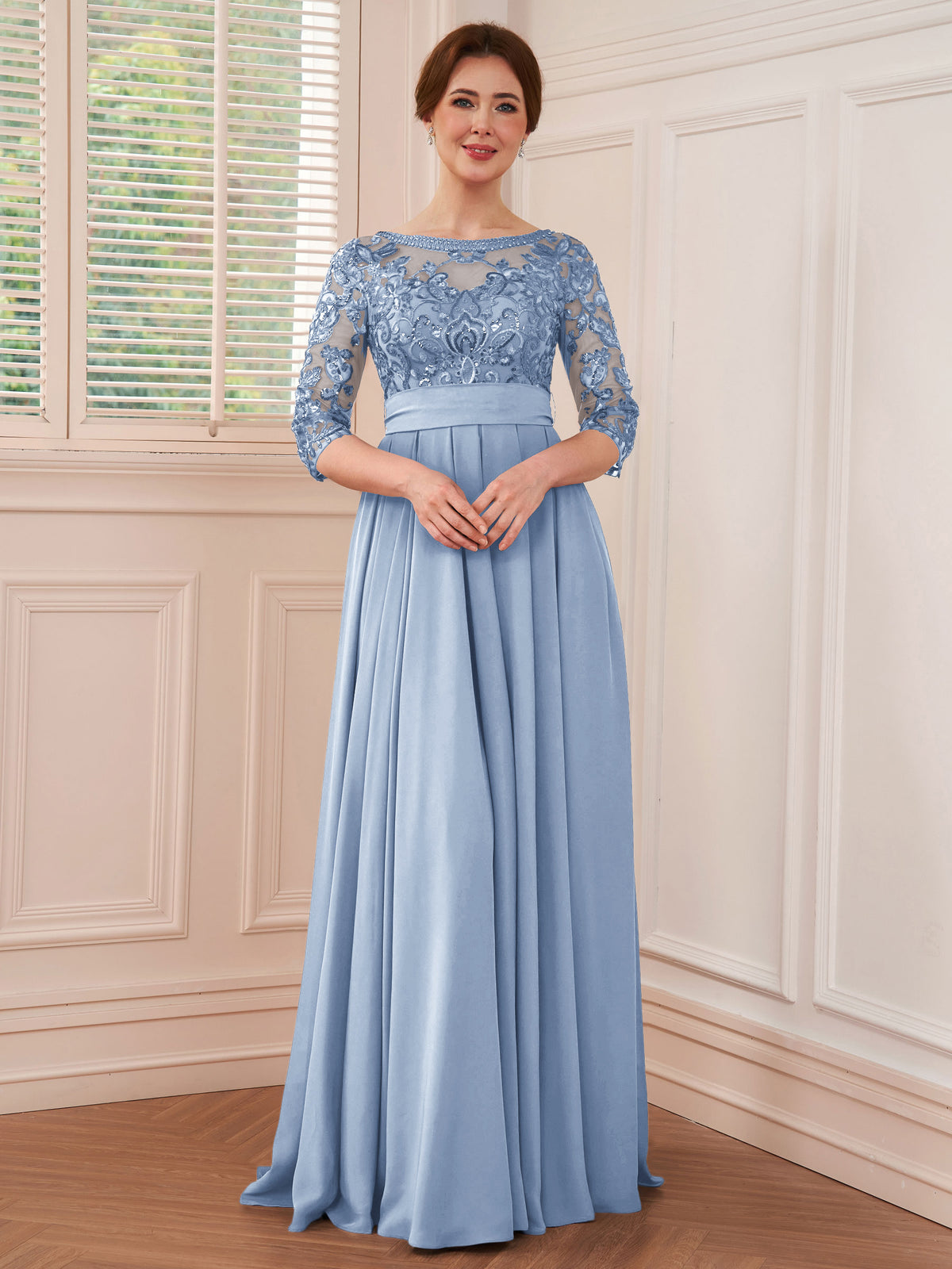 Rebecca Grace Lavender front view mother of the bride dress