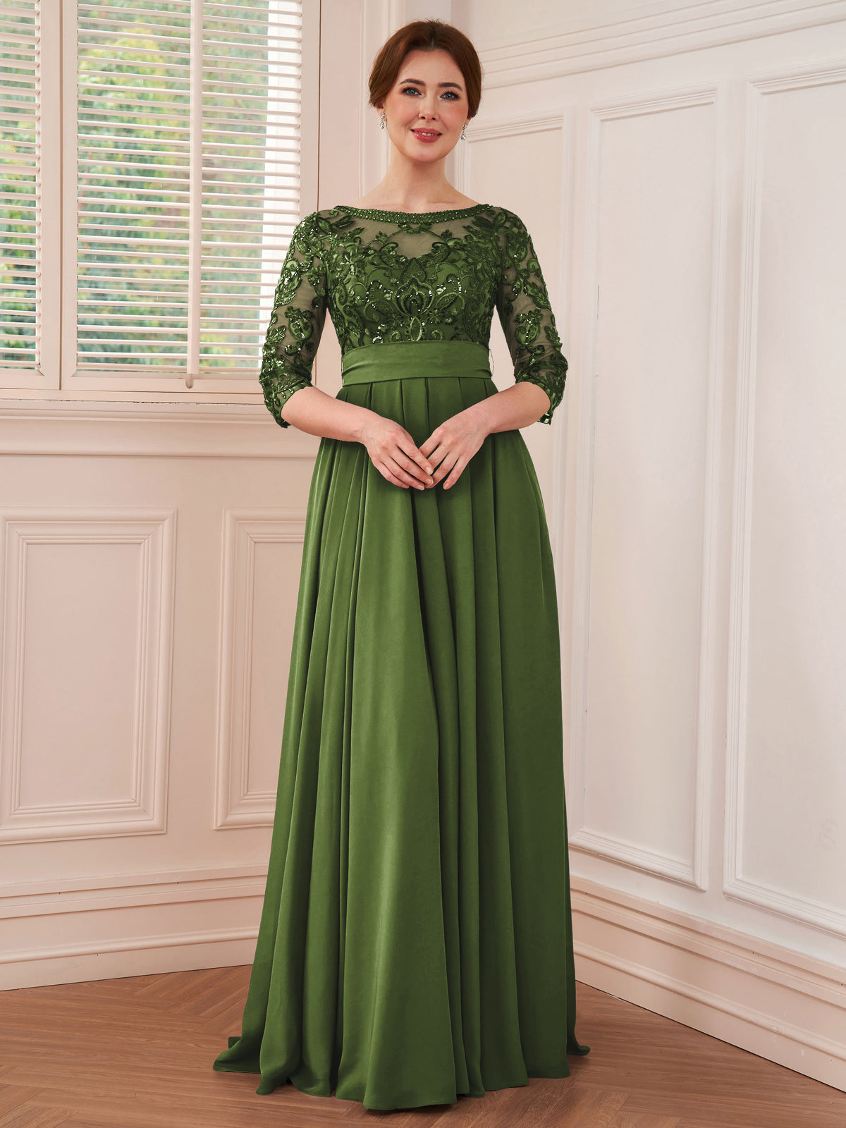 Rebecca Grace Olive Green front view mother of the bride dress
