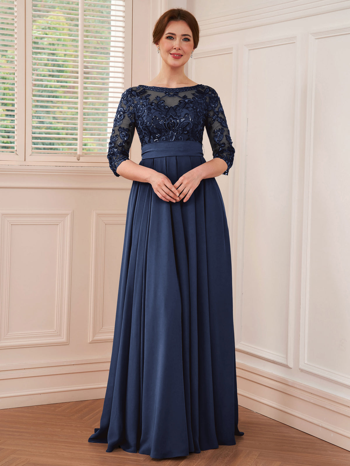 Rebecca Grace Navy Blue back view mother of the bride dress