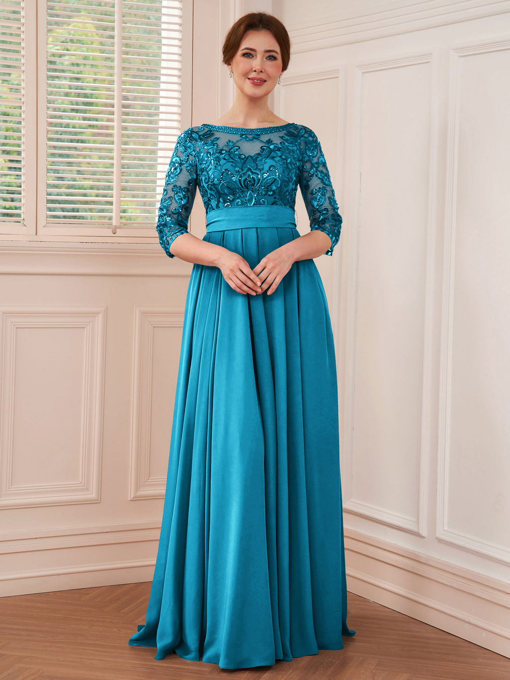 Rebecca Grace Ocean Blue front view mother of the bride dress