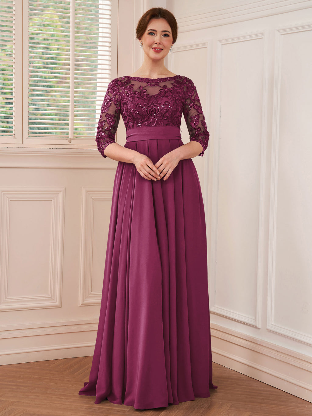 Rebecca Grace Orchid front view mother of the bride dress