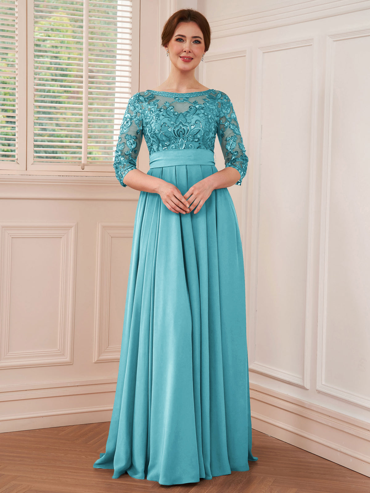 Rebecca Grace Pool Blue front view mother of the bride dress