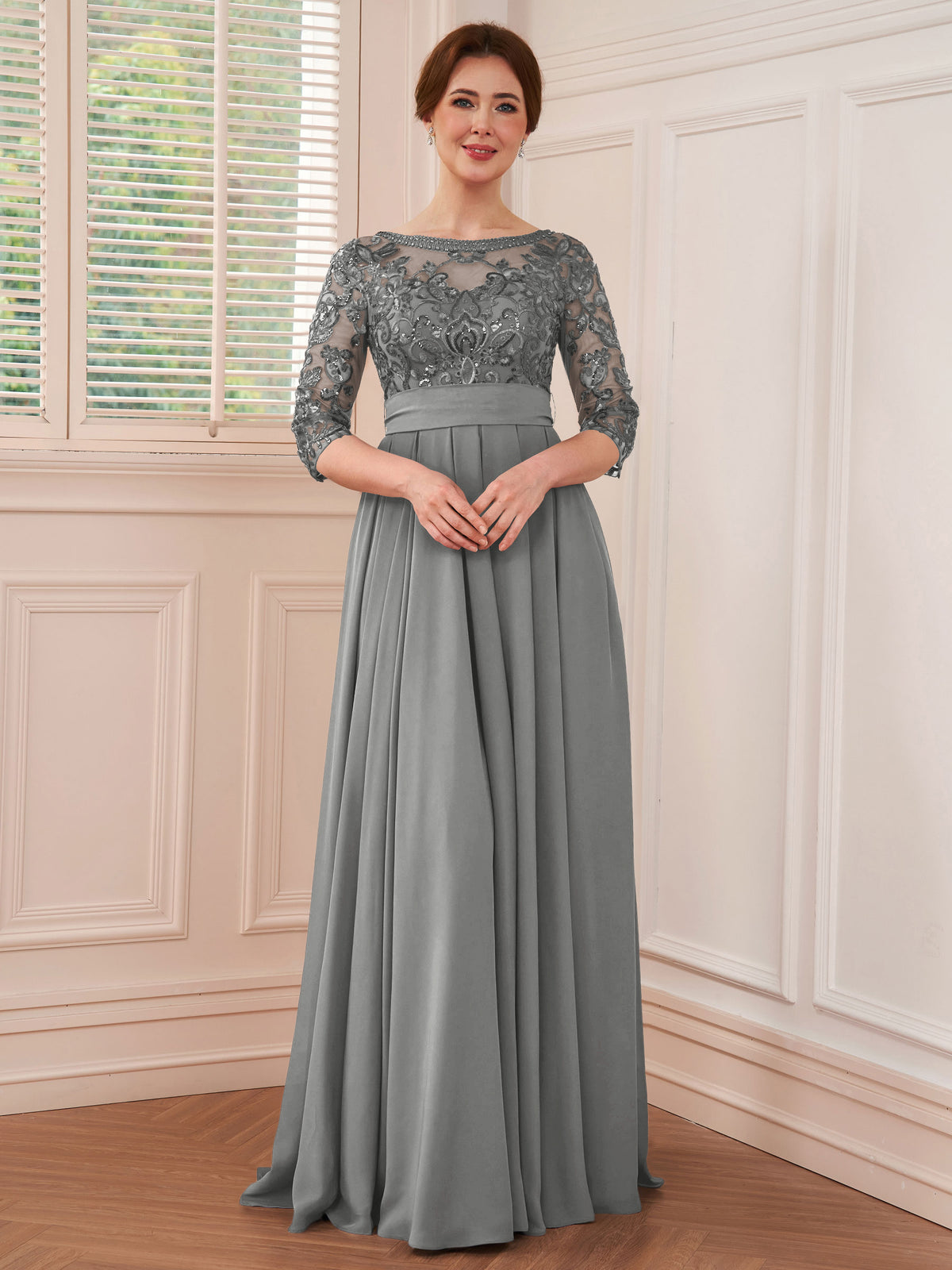Rebecca Grace Silver front view mother of the bride dress