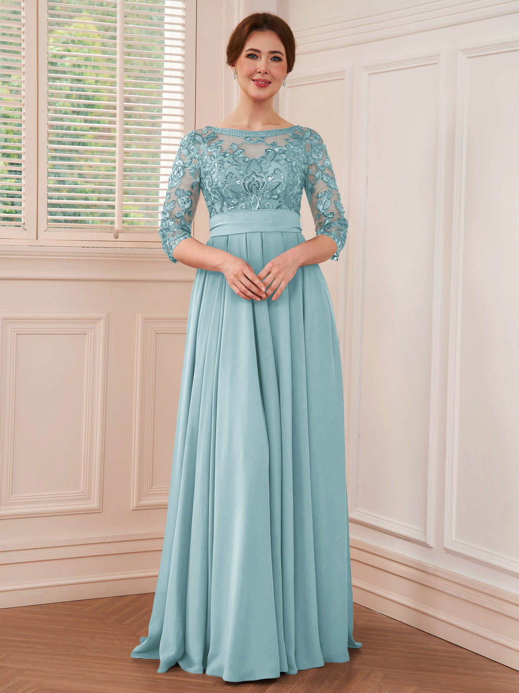 Rebecca Grace Sky Blue front view mother of the bride dress