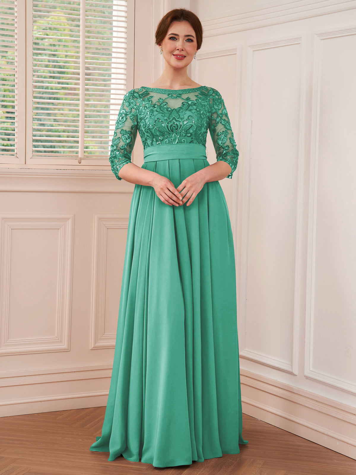 Rebecca Grace Pool Blue back view mother of the bride dress