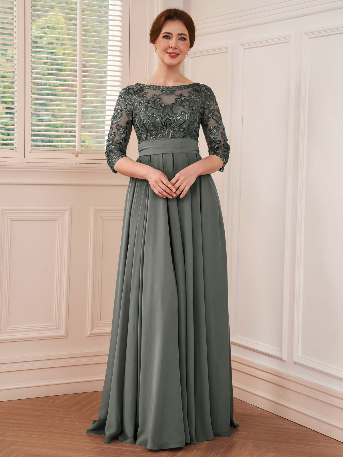 Rebecca Grace Steel Grey front view mother of the bride dress