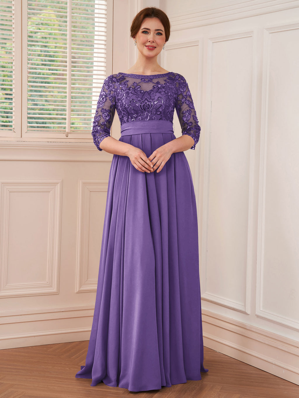 Rebecca Grace Orchid back view mother of the bride dress