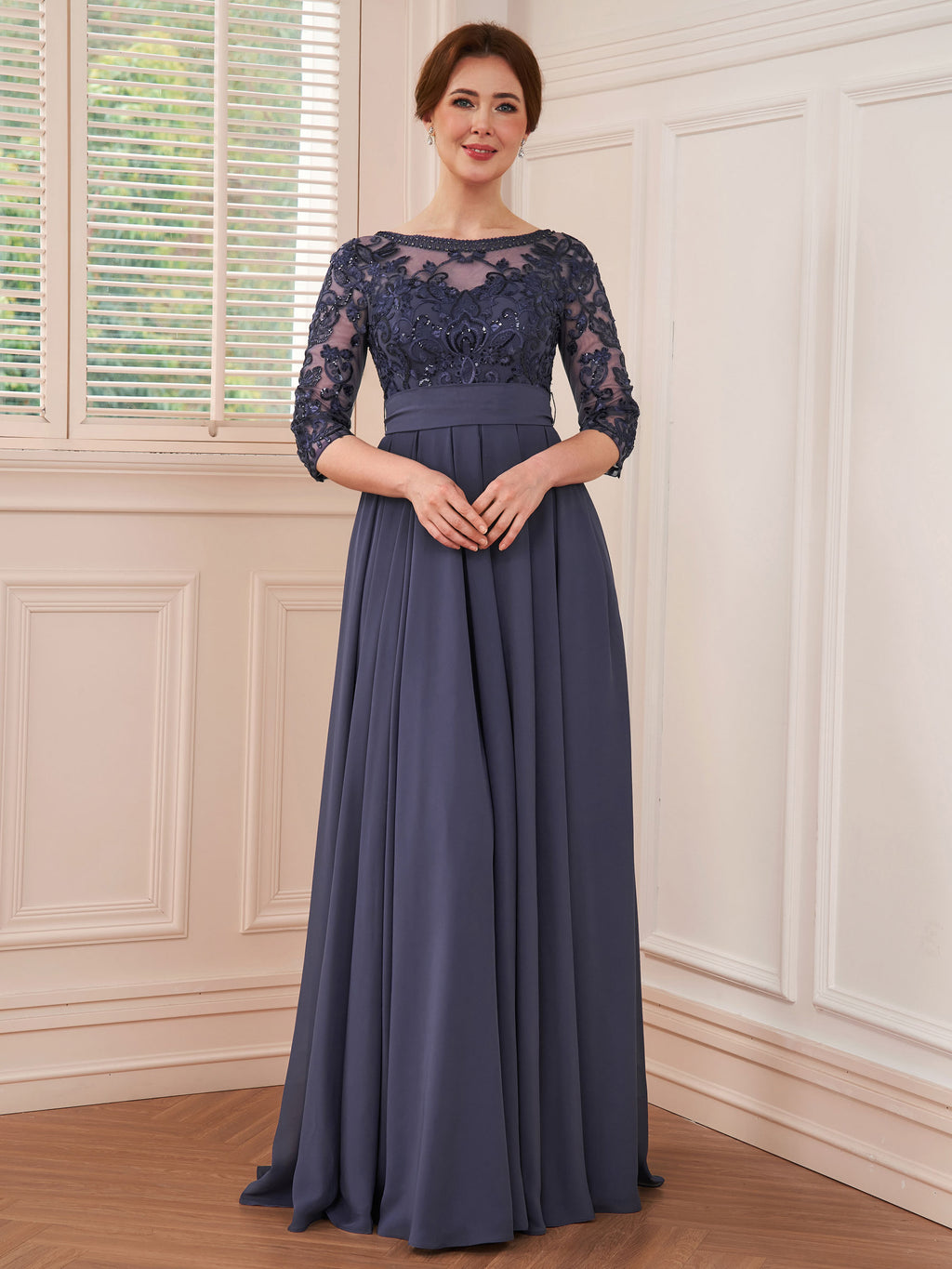Rebecca Grace Steel Blue front view mother of the bride dress