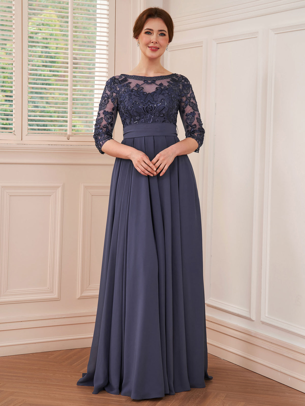 Rebecca Grace Steel Blue front view mother of the bride dress