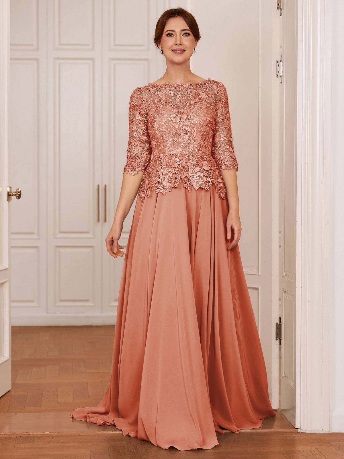 Olivia Mae Coral back view mother of the bride dress