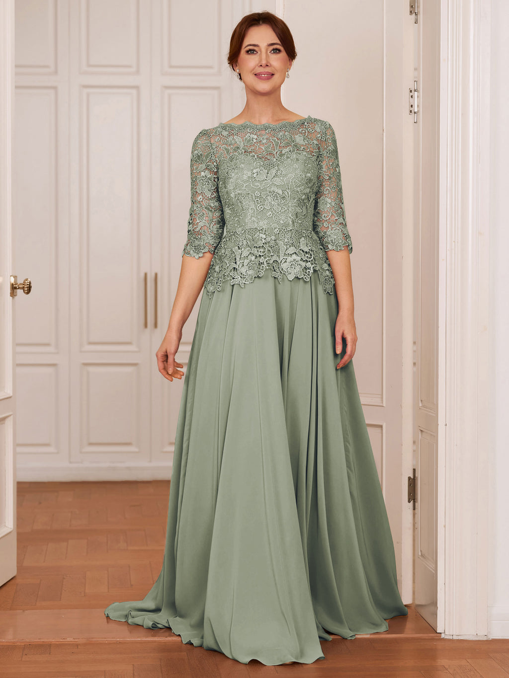 Olivia Mae Grey front view mother of the bride dress