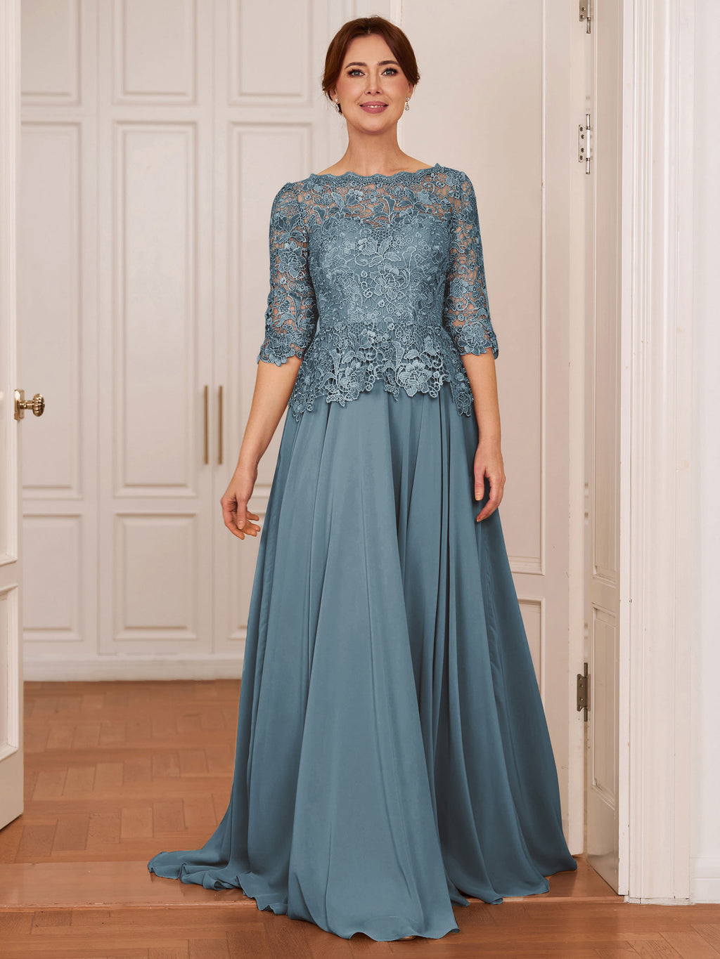 Olivia Mae Dusty Blue front view mother of the bride dress
