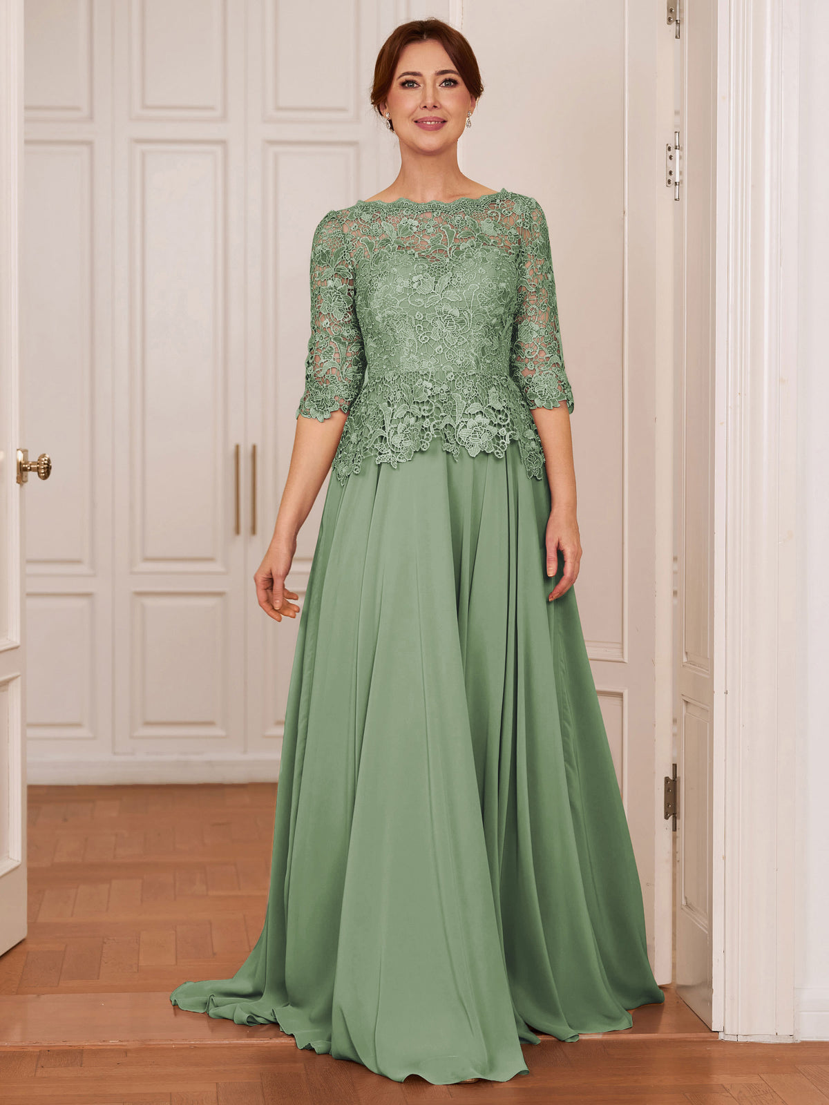 Olivia Mae Sage Green front view mother of the bride dress