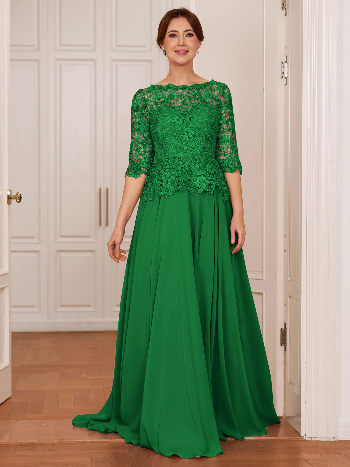 Olivia Mae Emerald front view mother of the bride dress