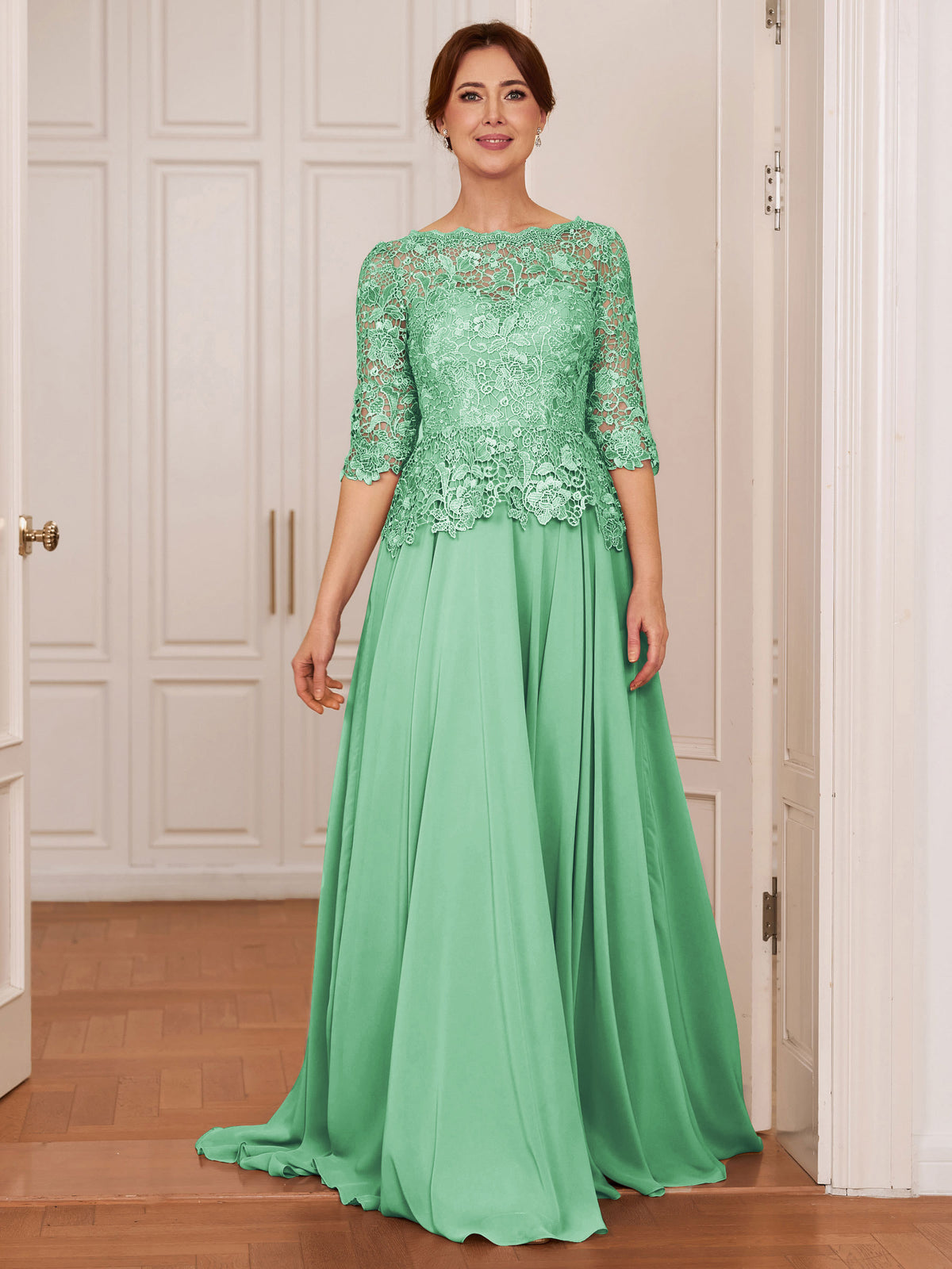 Olivia Mae Mint Green front view mother of the bride dress