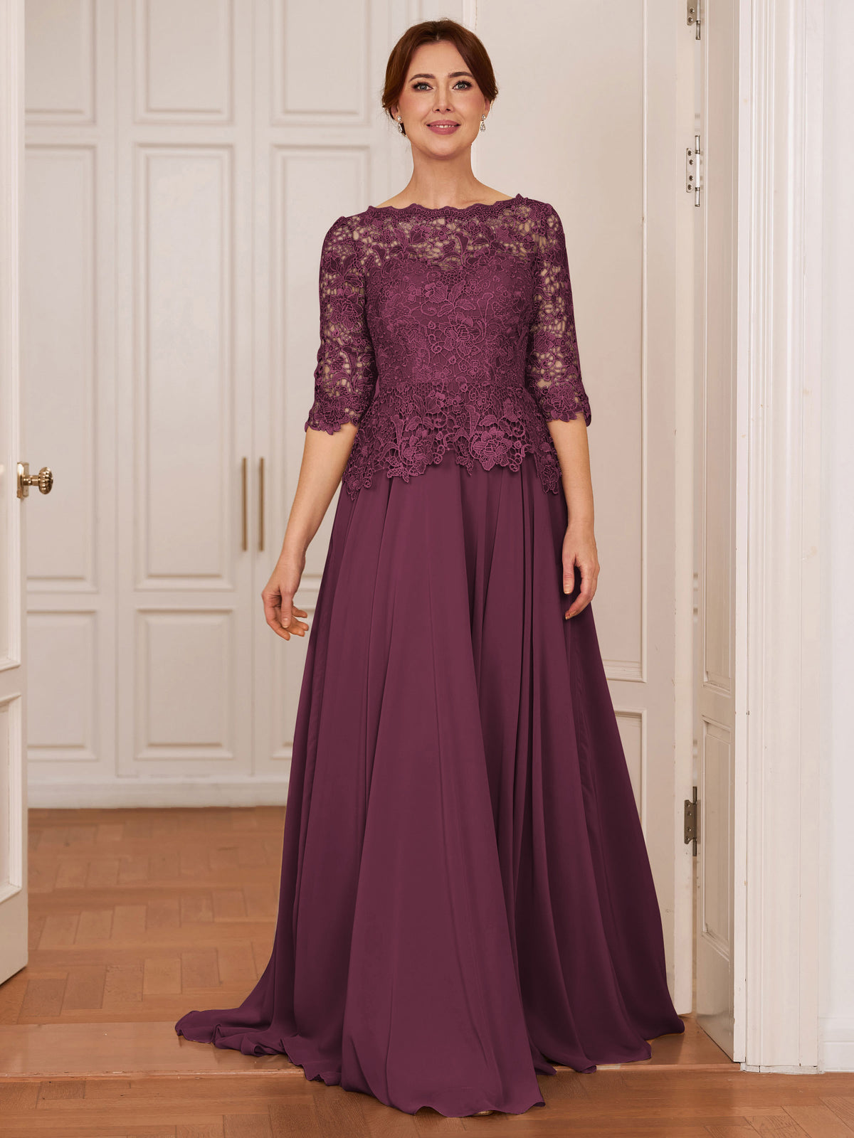Olivia Mae Plum front view mother of the bride dress