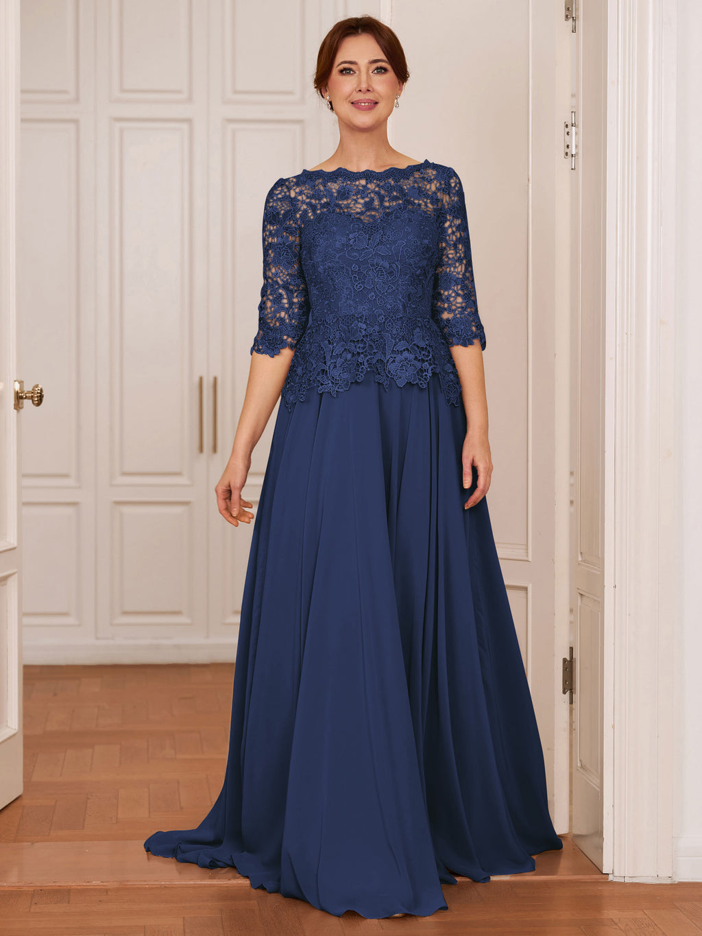 Olivia Mae Navy Blue back view mother of the bride dress