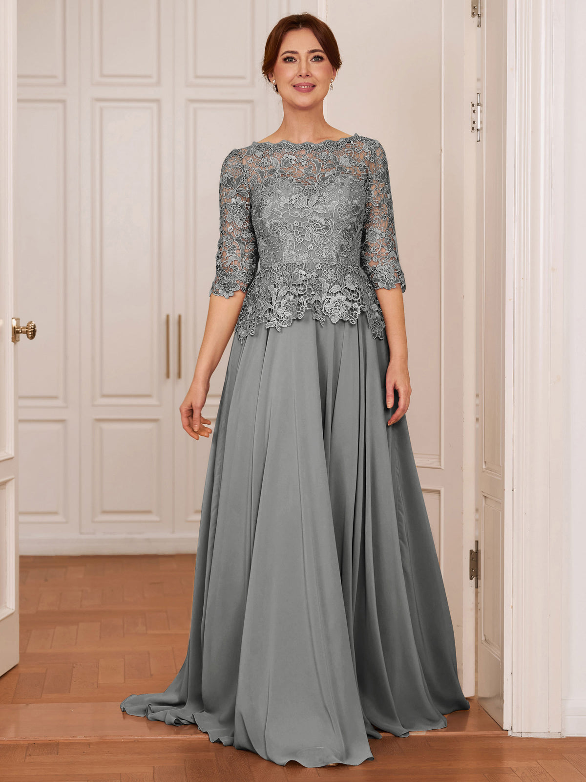 Olivia Mae Silver front view mother of the bride dress