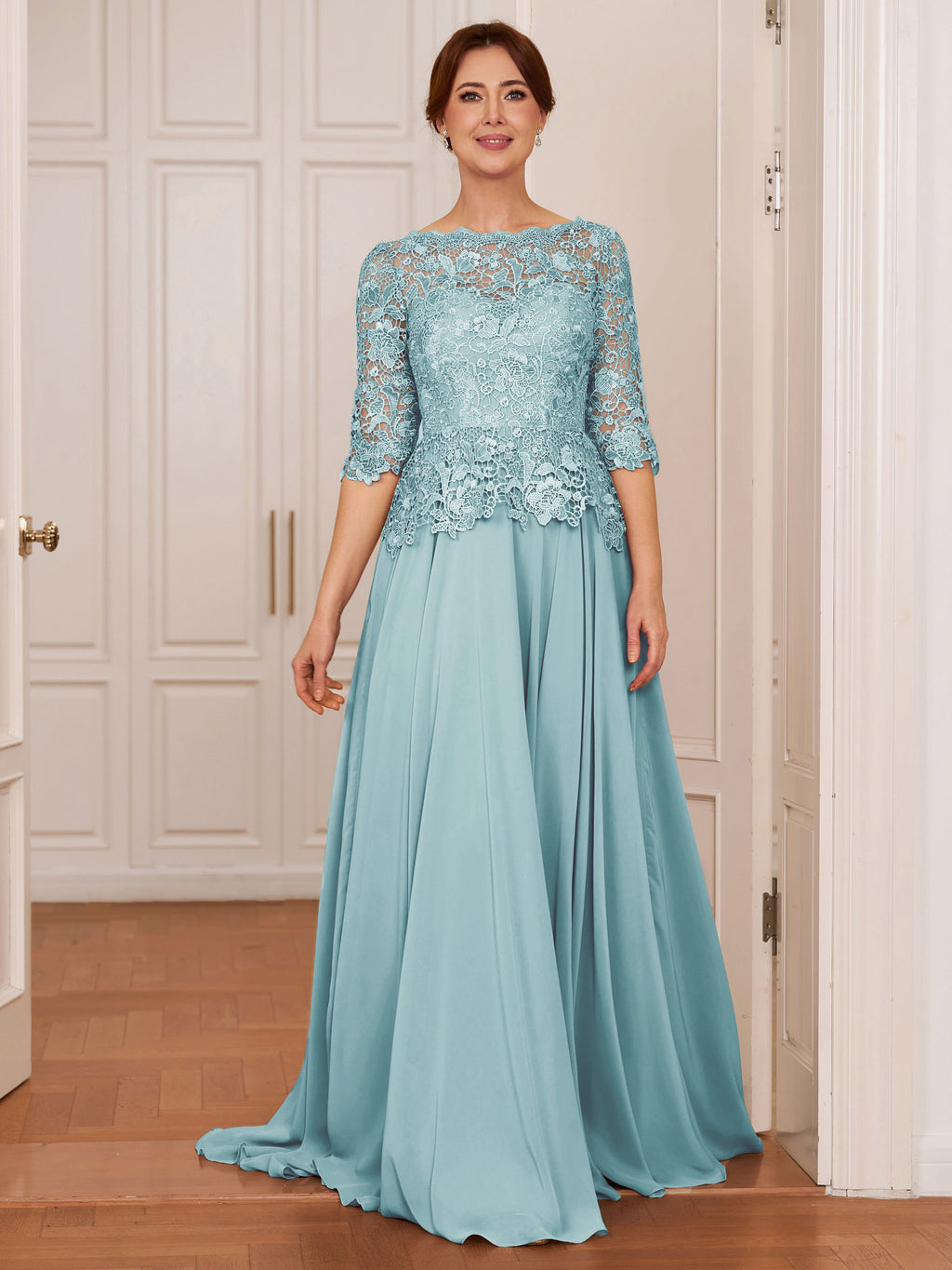 Olivia Mae Sky Blue front view mother of the bride dress